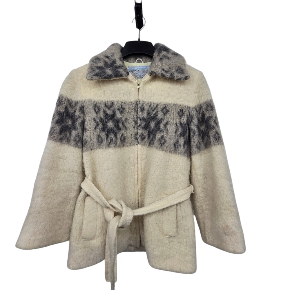 Vintage Eider Knit Icelandic Wool Snowflake Coat Womens L Cream Gray Scotland